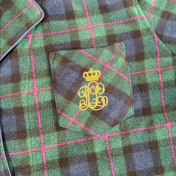 Ralph Lauren Black Label Crest Green Plaid Flannel Pajama Lounge Shirt Womens XL - Picture 4 of 12